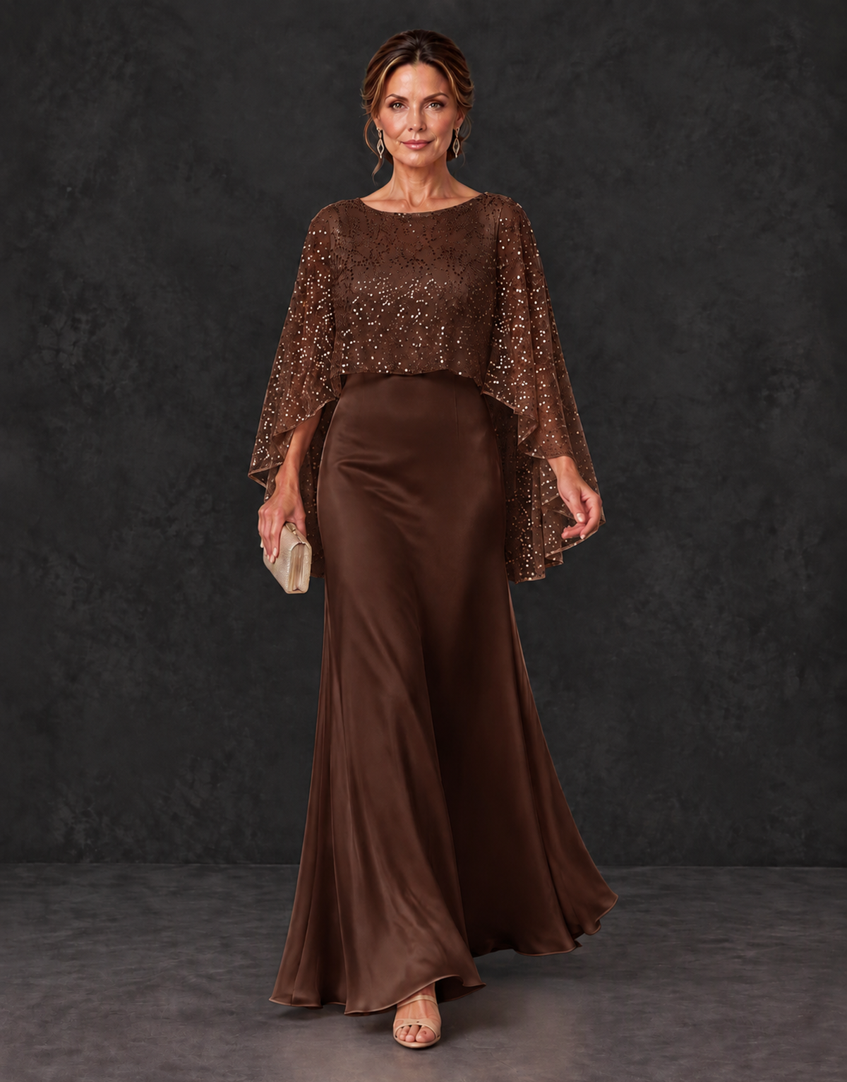 BOLODOO Chocolate Sparkle Cape Sleeve Mother of the Bride Dress - Chocolate - Chocolate_4