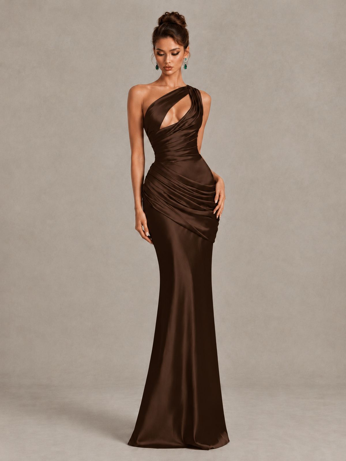BOLODOO Chocolate One-Shoulder Cutout Satin Mermaid Prom Dress - Chocolate - Chocolate_4