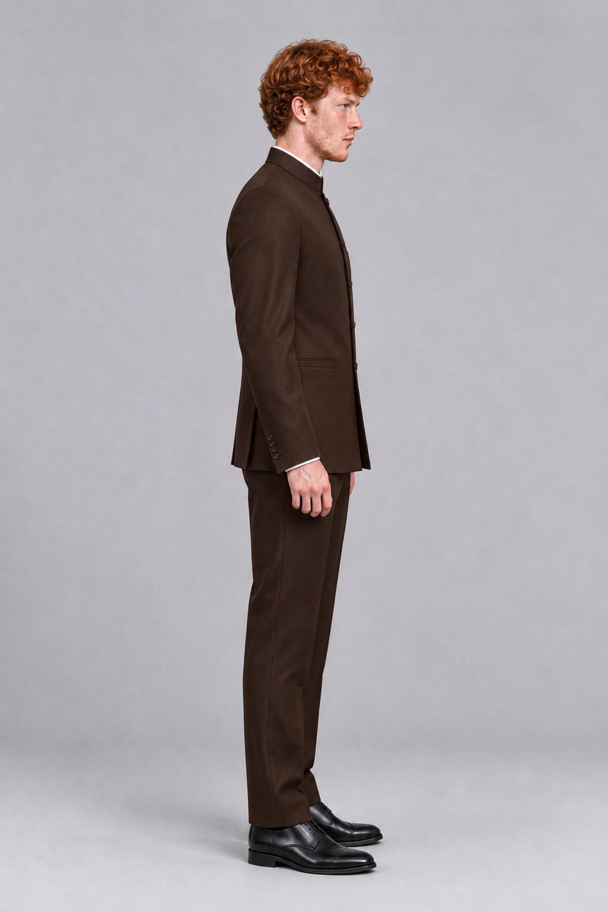 BOLODOO Men's Chocolate Mandarin Collar Two-Piece Suit - Chocolate - Chocolate_4