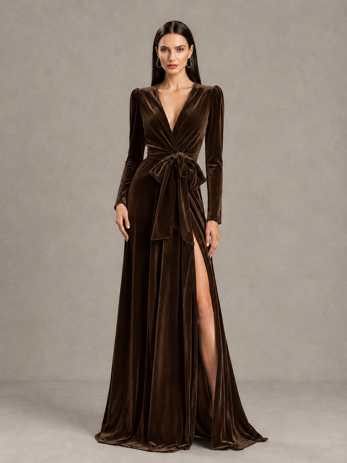 BOLODOO Chocolate Long Sleeve Velvet-Look Evening Dress with High Slit - Chocolate - Chocolate_4
