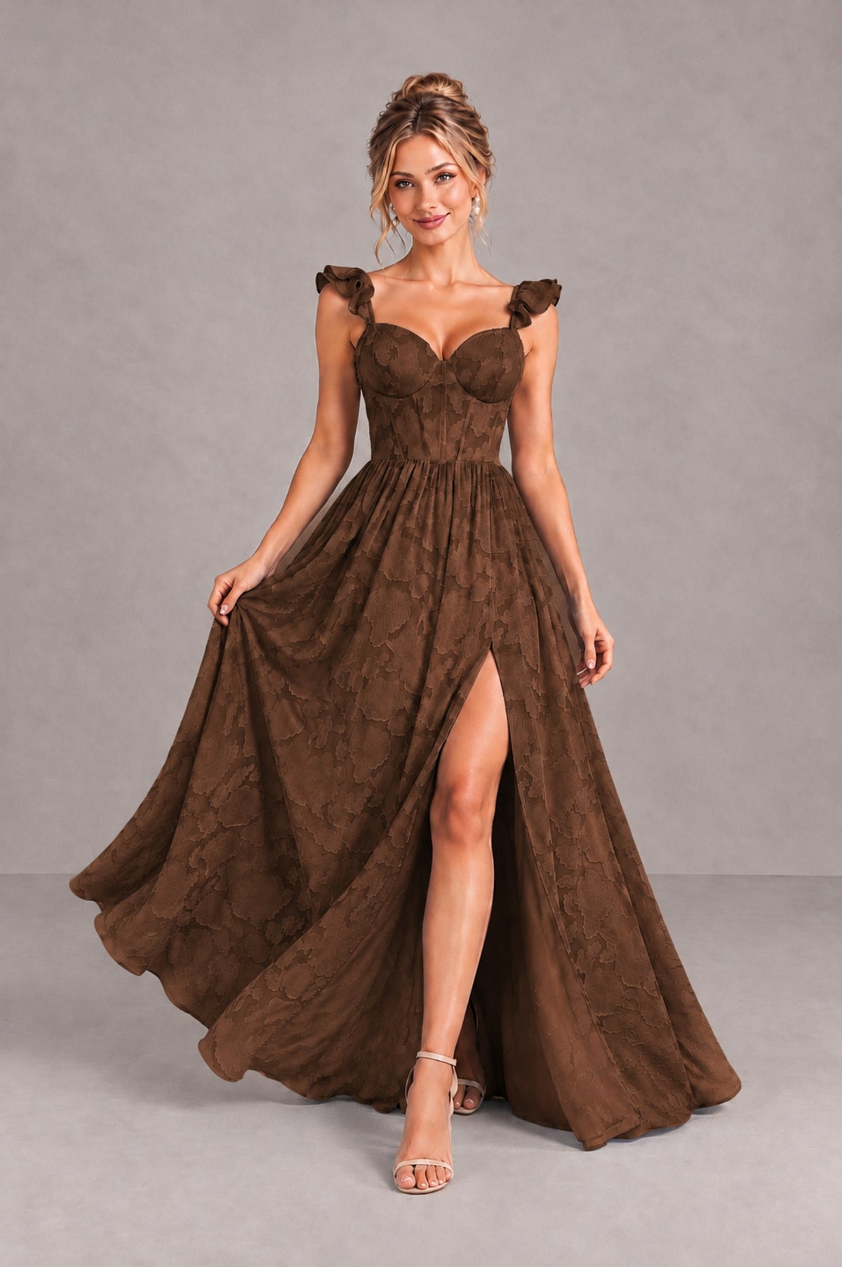 BOLODOO Chocolate Floral A-Line Bridesmaid Dress with Slit Ruffle Straps Maxi Gown - Chocolate - Chocolate_4