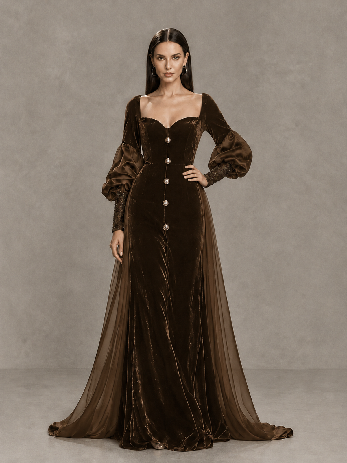 BOLODOO Chocolate Velvet Long Sleeve Open-Back Evening Gown - Chocolate - Chocolate_4