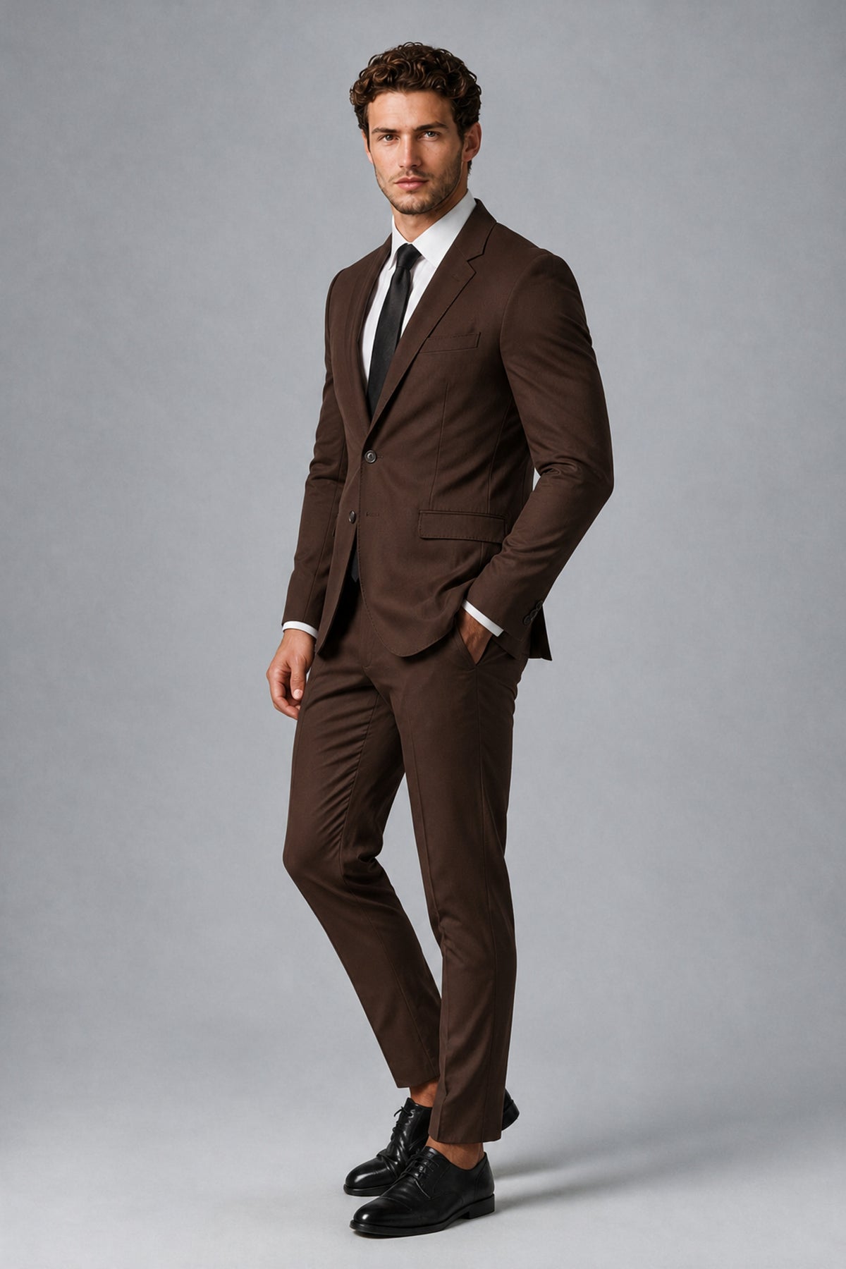 Bolodoo Men's Chocolate Two-Piece Suit with Notch-Lapel Jacket & Trousers - Chocolate - Chocolate_4