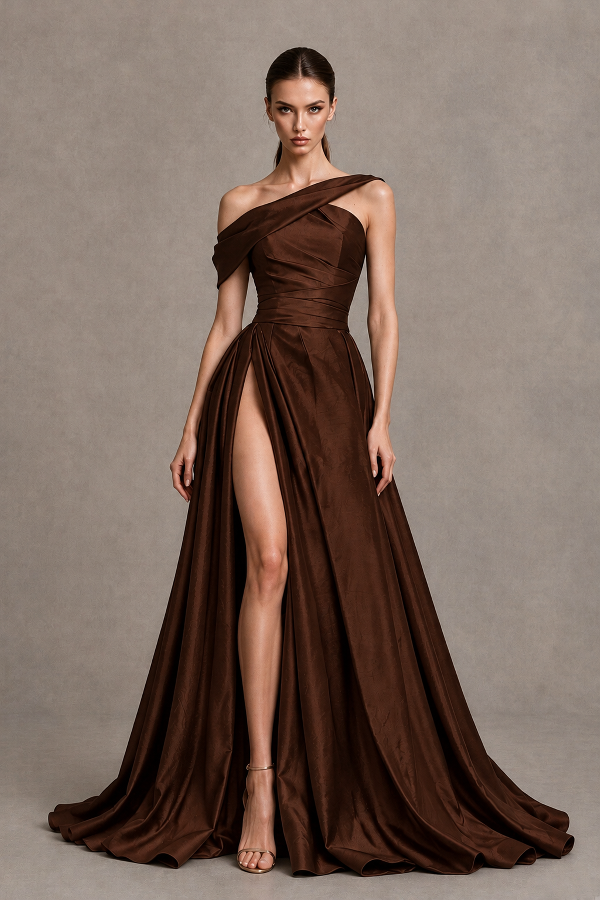 BOLODOO Chocolate Asymmetric Satin-Look A-Line Prom Dress with High Slit - Chocolate - Chocolate_4