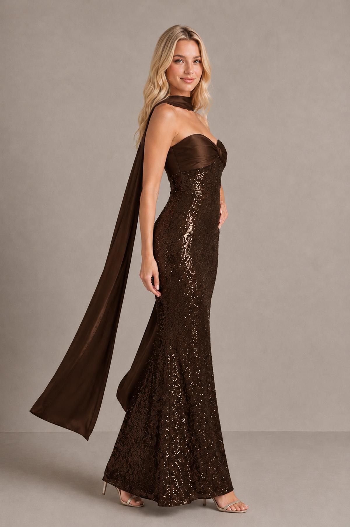 BOLODOO Chocolate Strapless Sweetheart Evening Dress with Scarf - Chocolate - Chocolate_4