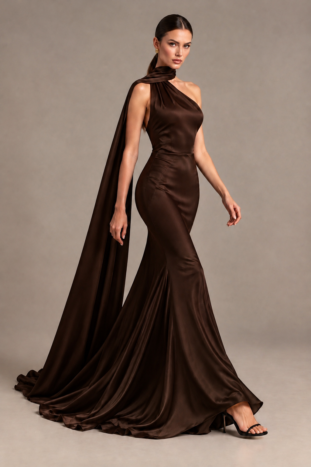 BOLODOO Chocolate One-Shoulder Satin Mermaid Evening Dress with Scarf - Chocolate - Chocolate_4