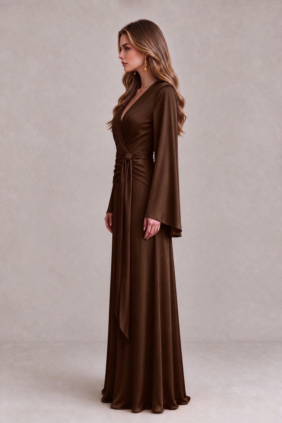 BOLODOO Chocolate Yellow Satin-Look V-Neck Long Bell Sleeve Evening Dress - Chocolate - Chocolate_4