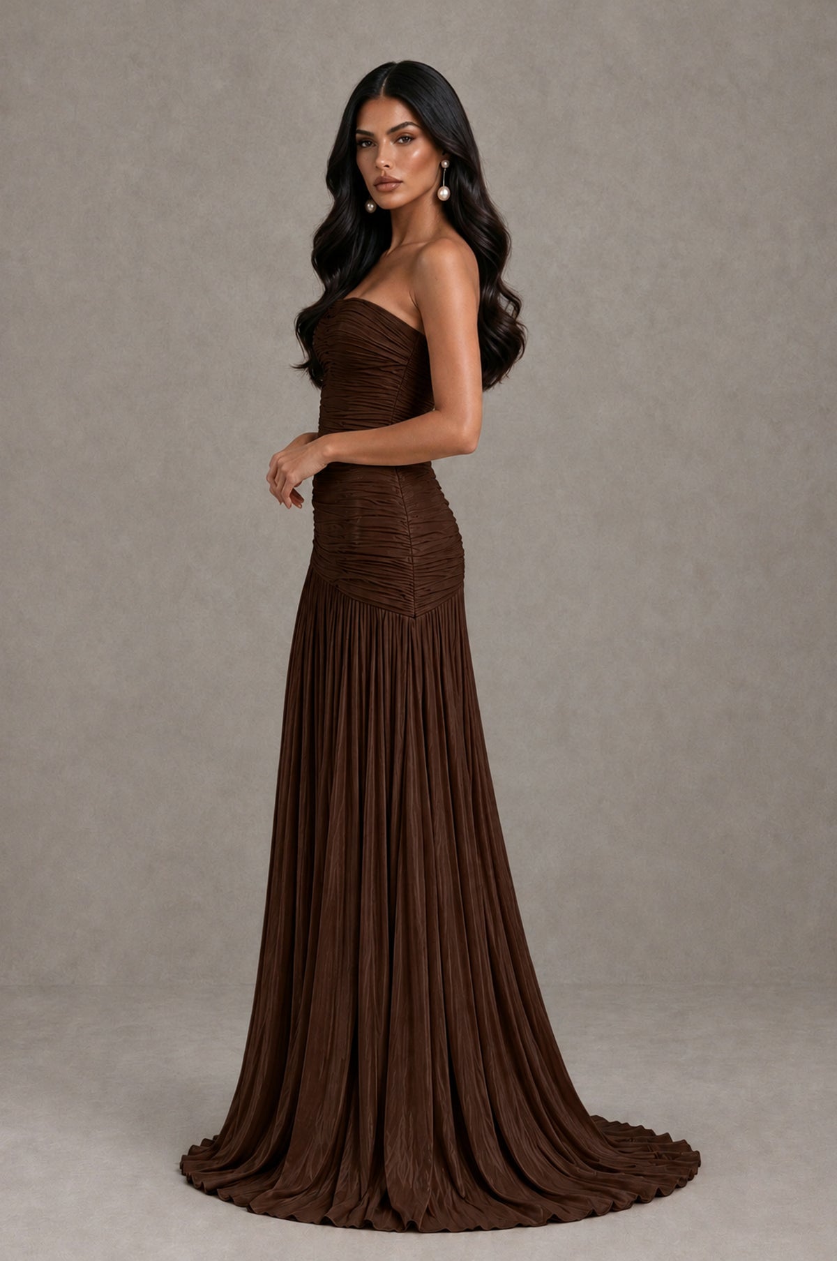 BOLODOO Chocolate Metallic Ruched Strapless Pleated A-Line Backless Maxi Dress with Train - Chocolate - Chocolate_4