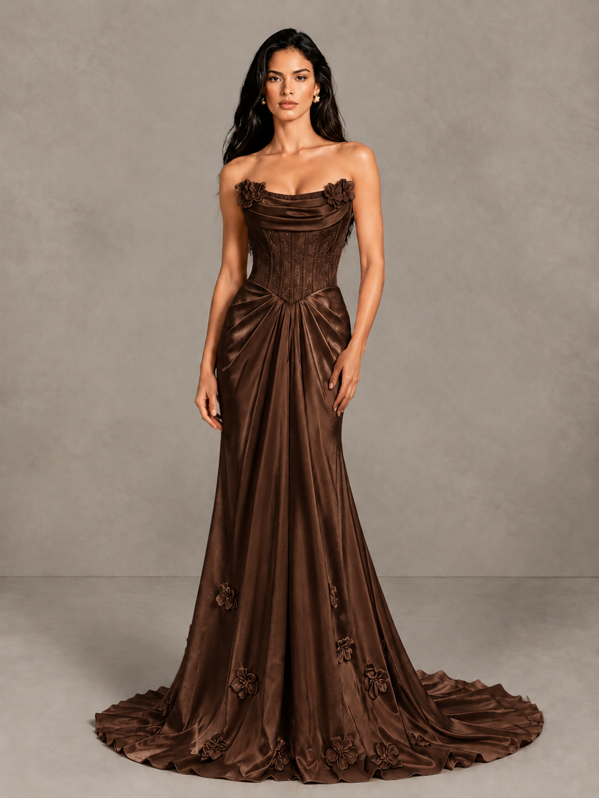 BOLODOO Chocolate Strapless Floral Corset Evening Gown with Train - Chocolate - Chocolate_4