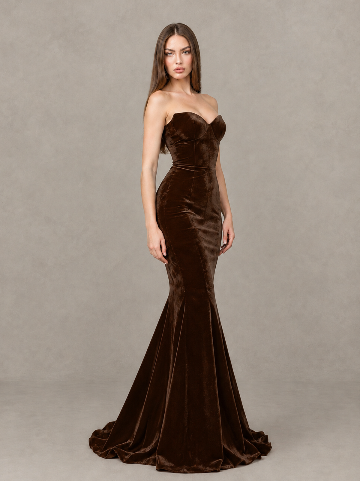 BOLODOO Chocolate Strapless Sweetheart Velvet-Look Mermaid Evening Dress - Chocolate - Chocolate_4