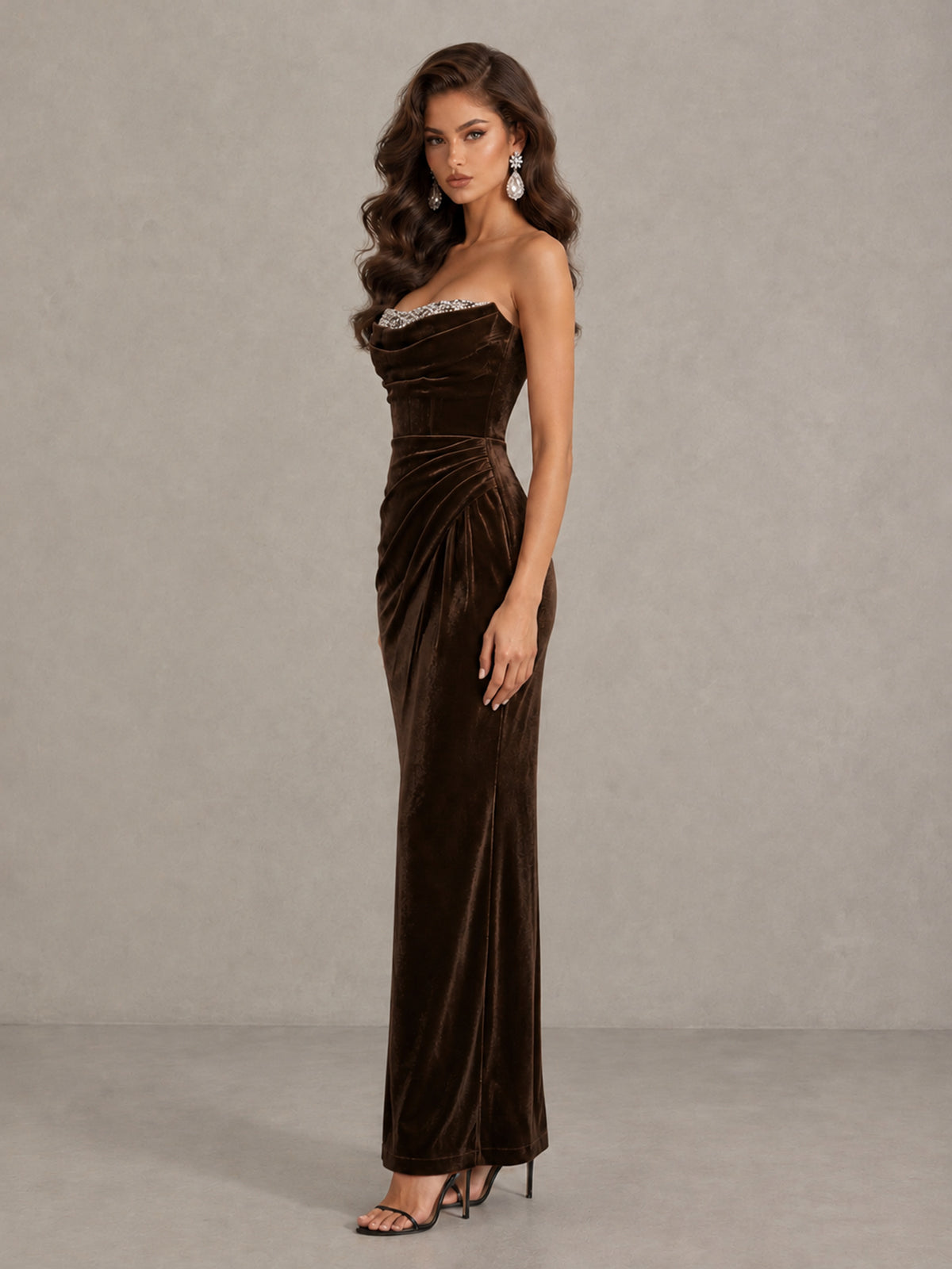 BOLODOO Chocolate Strapless Velvet Cocktail Maxi Dress - Chocolate - Chocolate_4