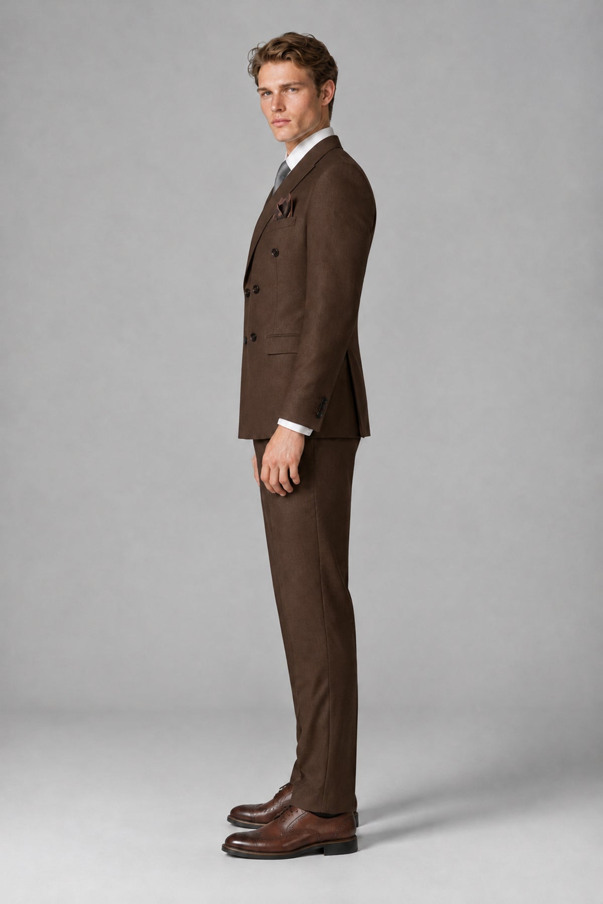 Bolodoo Men's Chocolate Double-Breasted Two-Piece Suit with Peak Lapels - Chocolate - Chocolate_4