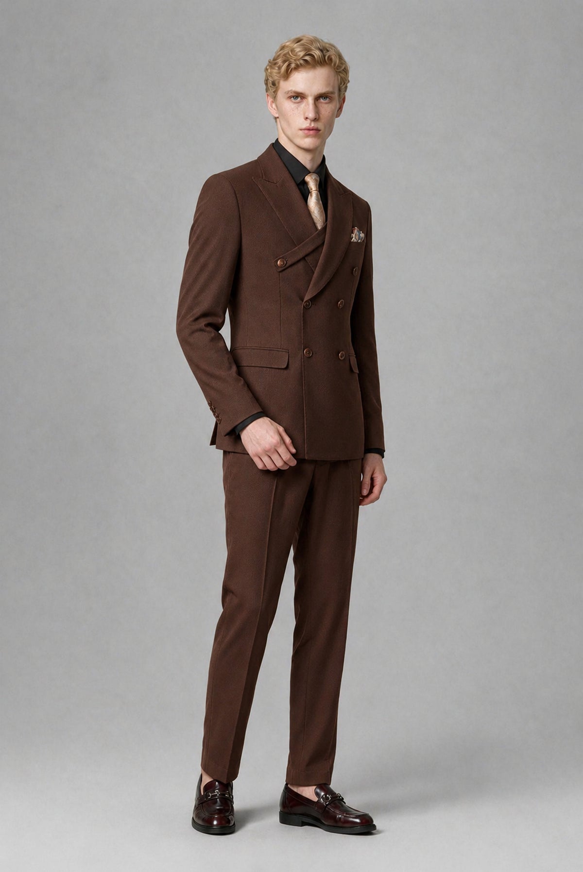 BOLODOO Men's Chocolate Double-Breasted Two-Piece Suit – Jacket & Trousers - Chocolate