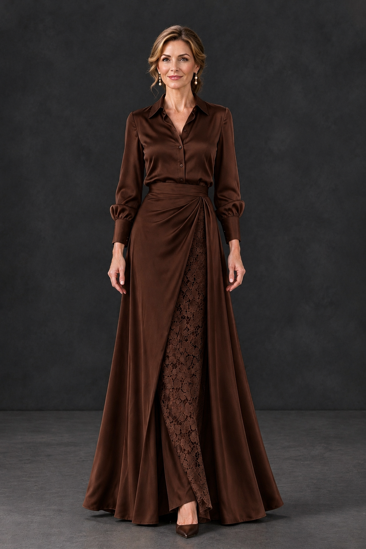 BOLODOO Chocolate Long Sleeve Satin-Look Lace Panel Gown - Chocolate - Chocolate_4