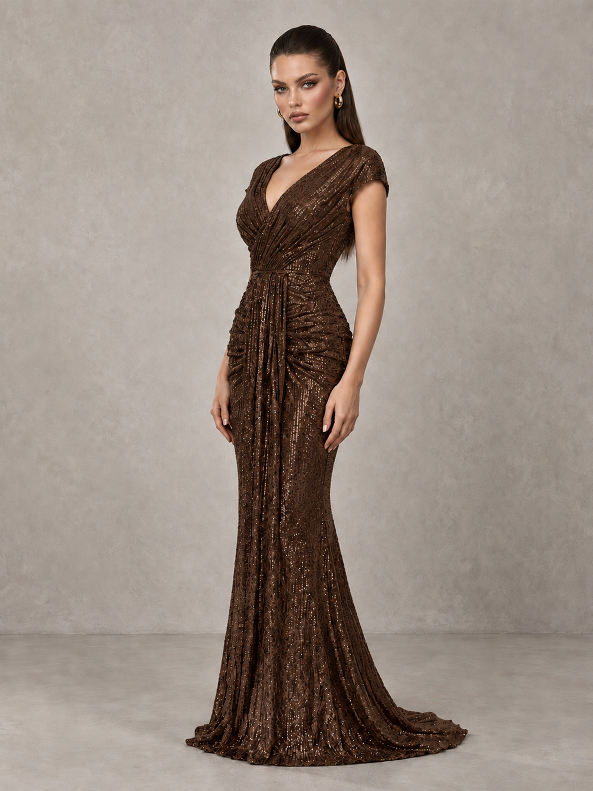 BOLODOO Chocolate Glitter V-Neck Cap Sleeve Ruched Mermaid Evening Gown - Chocolate - Chocolate_4