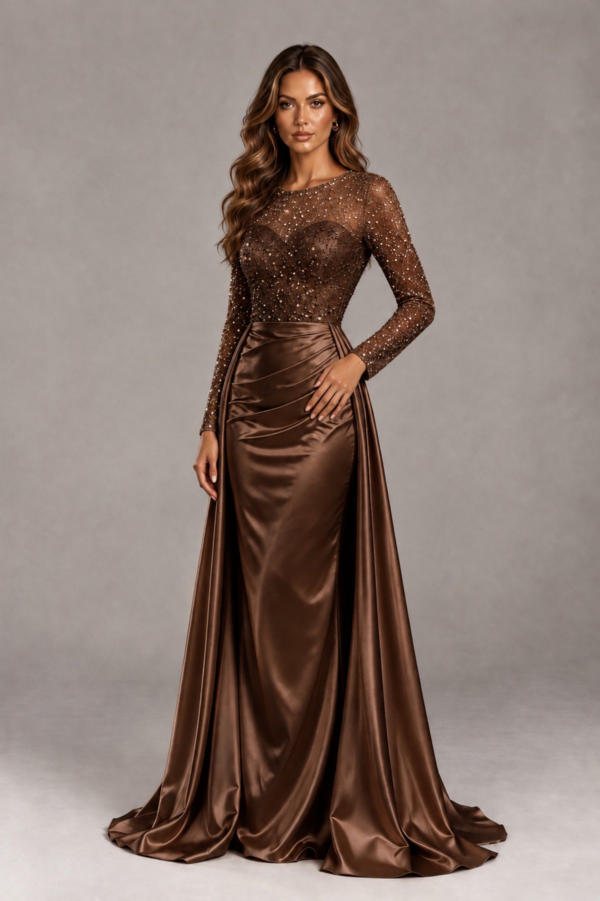 BOLODOO Chocolate Long Sleeve Embellished Satin Evening Gown with Sweep Train - Chocolate - Chocolate_4