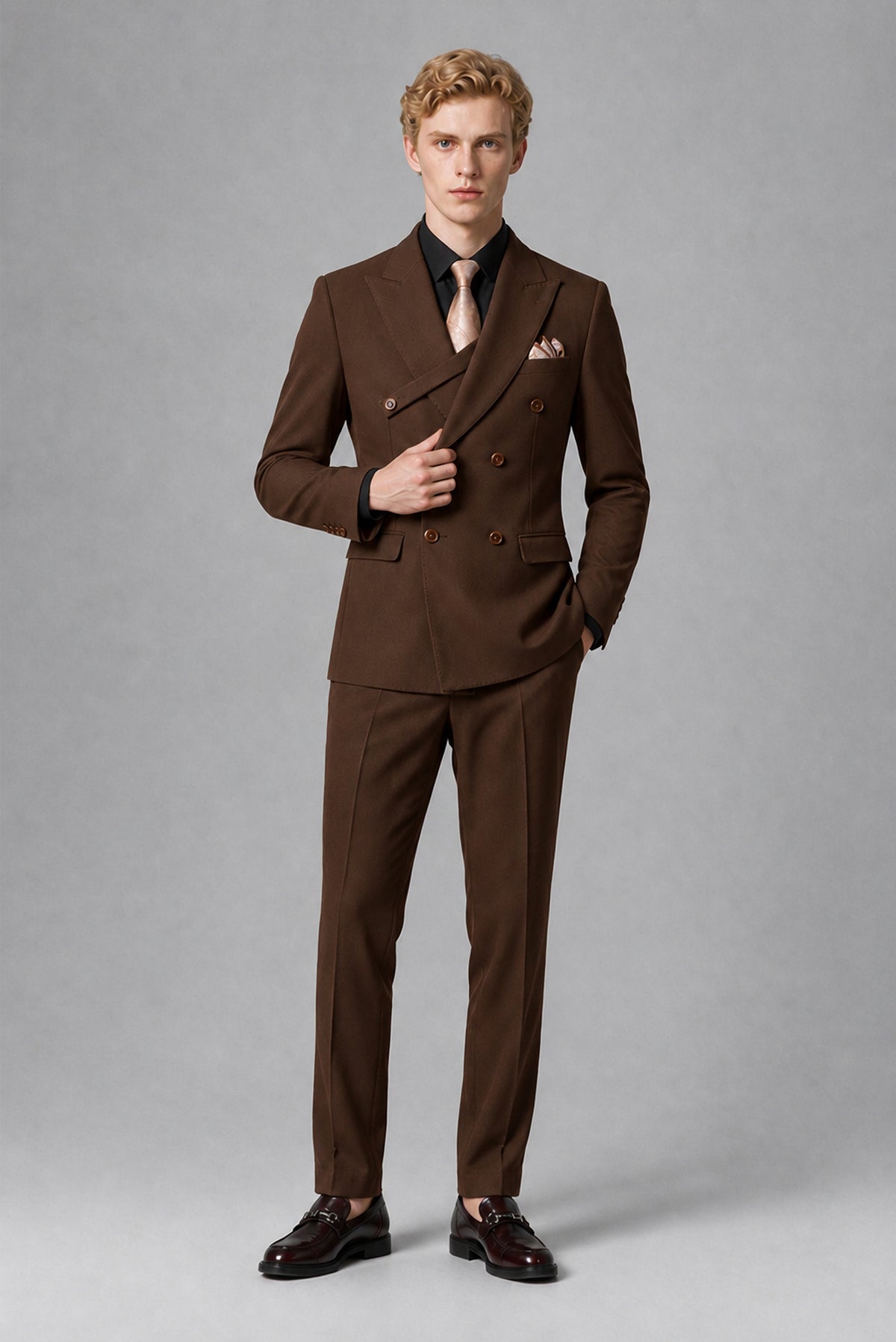 BOLODOO Men's Chocolate Double-Breasted Two-Piece Suit – Jacket & Trousers - Chocolate