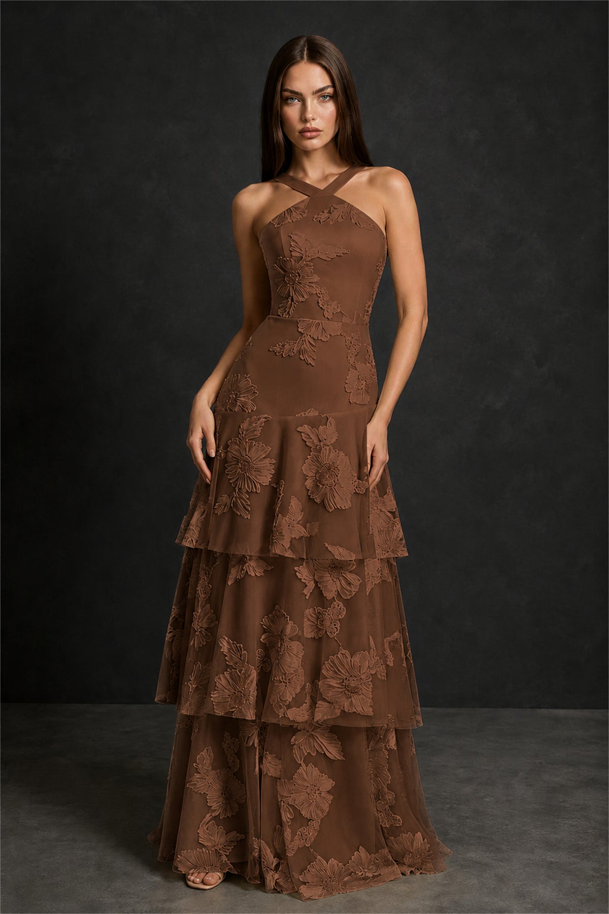 BOLODOO Chocolate Crisscross Halter Neck Chocolate Floral Embroidered Triple Tiered A-Line Tulle Maxi Dress - Chocolate