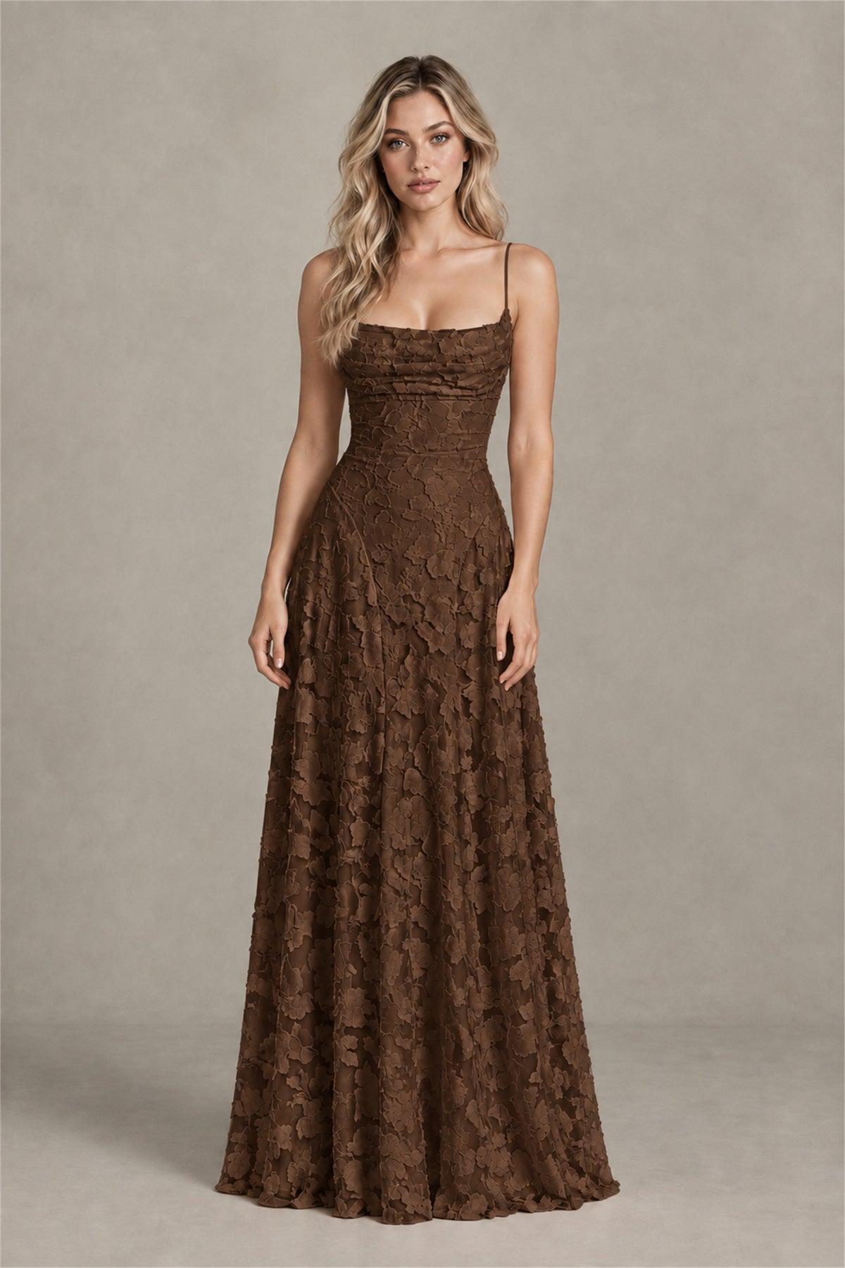 BOLODOO Chocolate Floral Appliqué Lace-Up Back Maxi Dress - Chocolate
