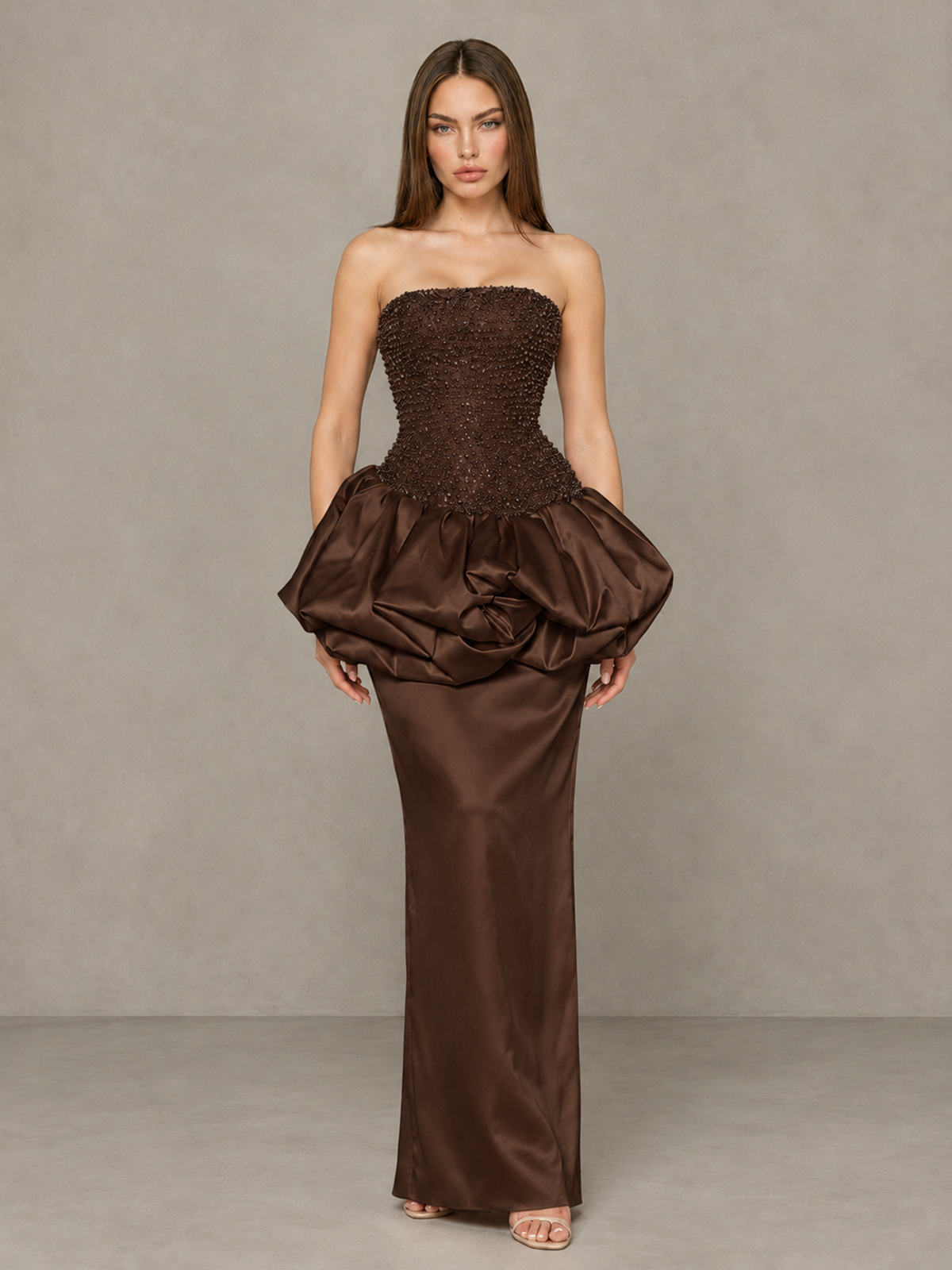 BOLODOO Chocolate Strapless Embellished Bubble Peplum Evening Dress - Chocolate - Chocolate (1)