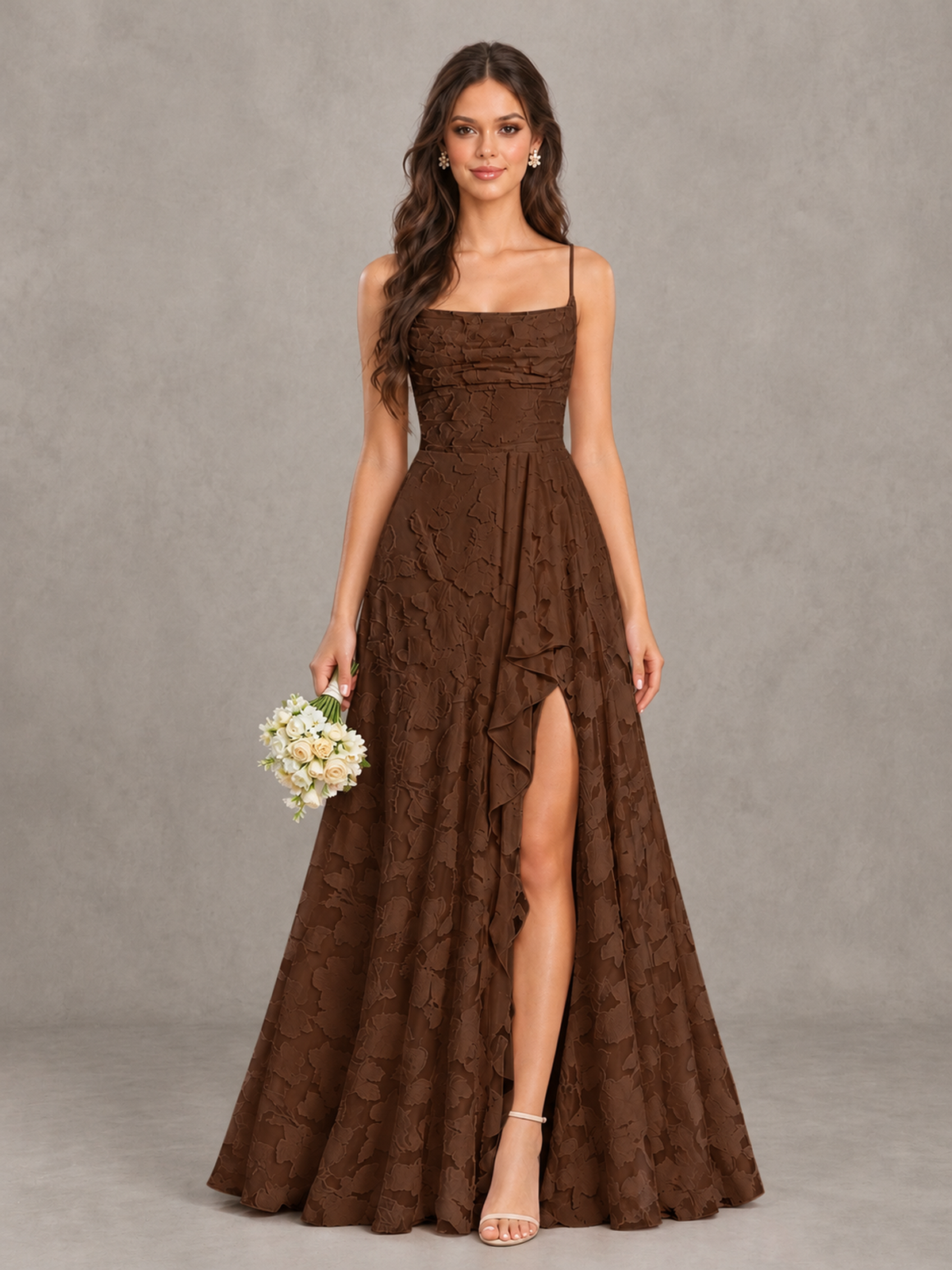 BOLODOO Chocolate Floral Appliqué Slit Maxi Dress - Chocolate - Chocolate (1)