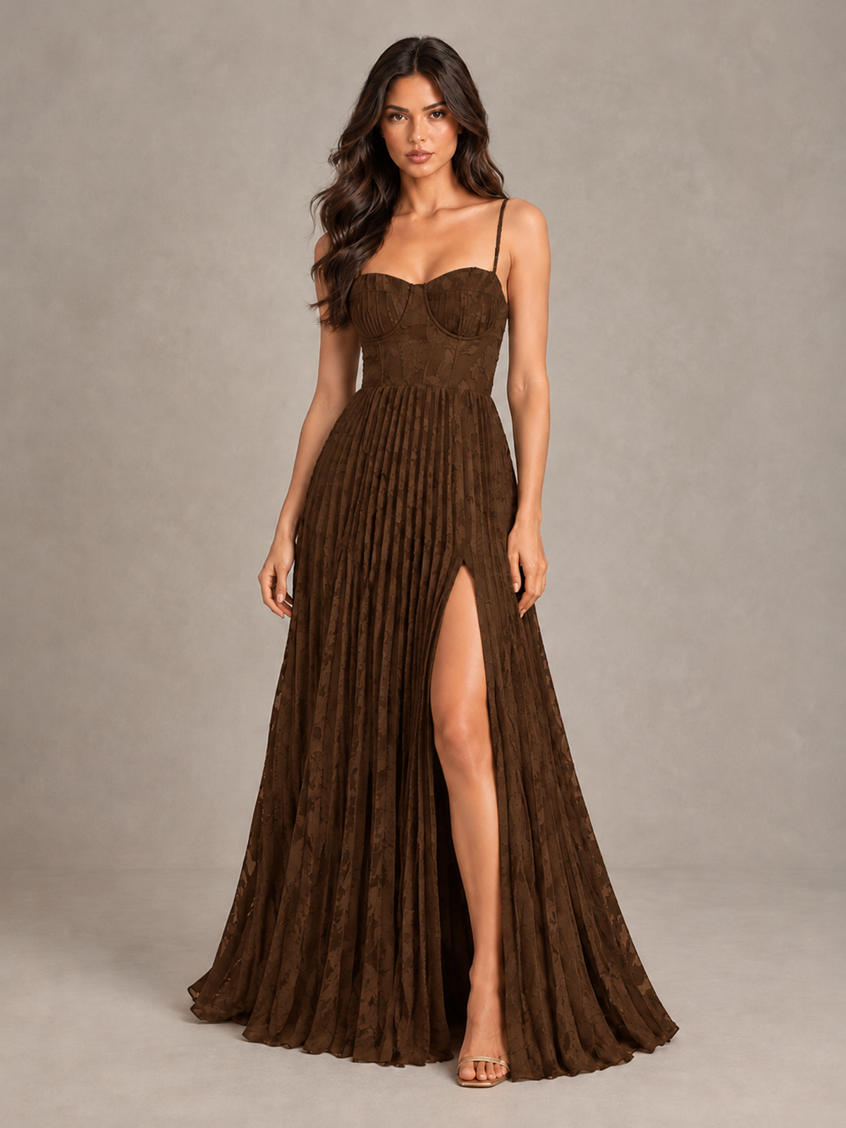 BOLODOO Chocolate Pleated Bridesmaid Dress with Sweetheart Neckline & Slit - Chocolate - Chocolate (1)