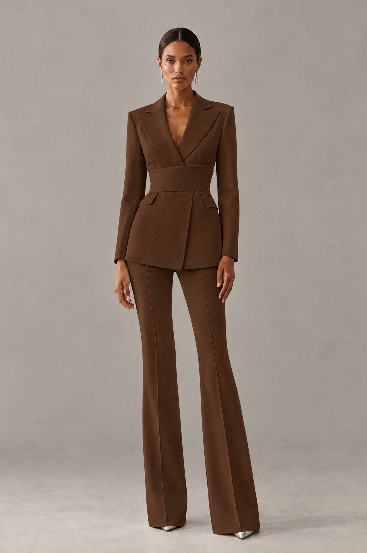 BOLODOO Chocolate Two-Piece Pantsuit with Tailored Blazer & Flared Pants - Chocolate - Chocolate (1)