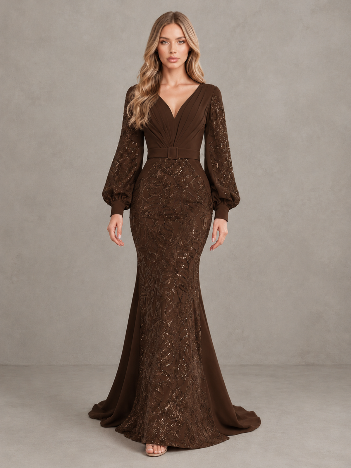 BOLODOO Chocolate Sequin Long Bishop Sleeve Mermaid Evening Dress - Chocolate - Chocolate (1)