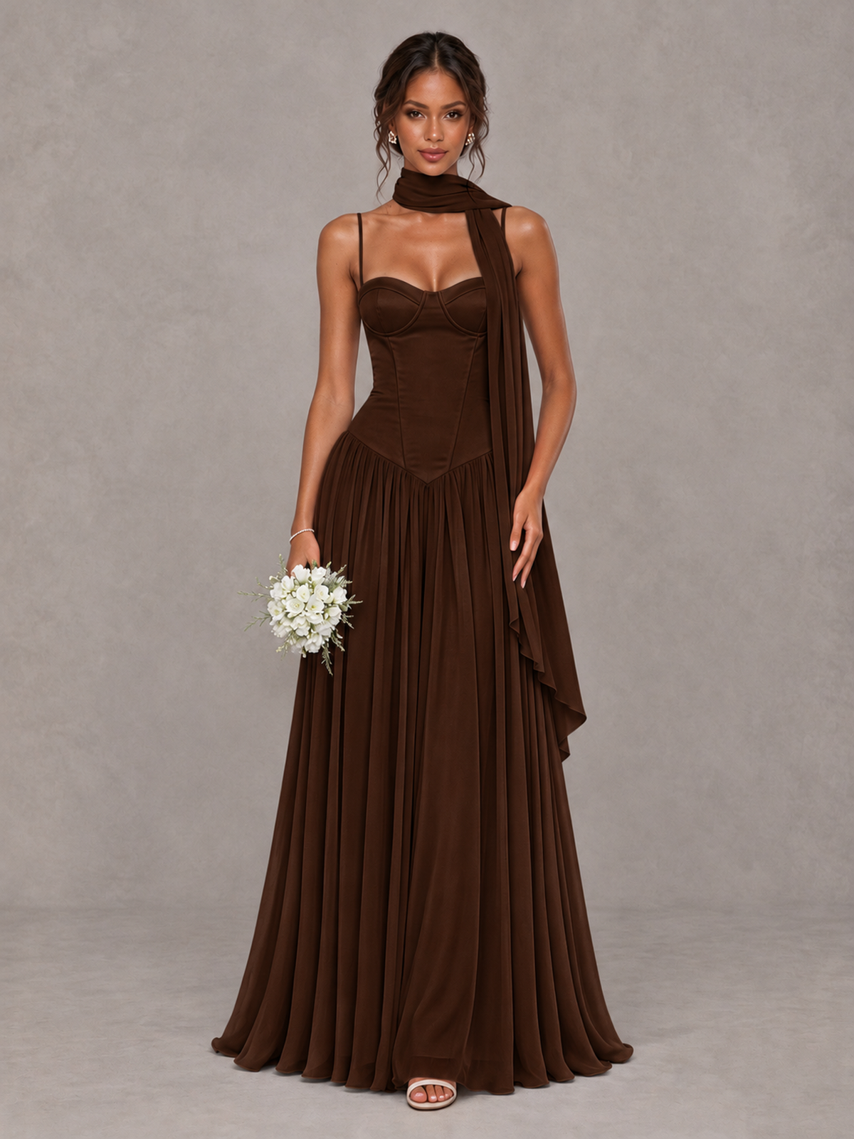 BOLODOO Chocolate Corset Bridesmaid Dress with Scarf - Chocolate - Chocolate (1)