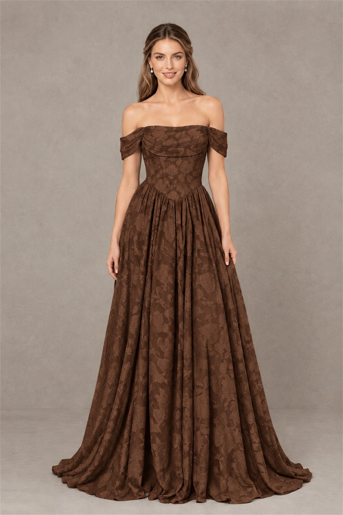 BOLODOO Chocolate Off-Shoulder Floral A-Line Maxi Dress - Chocolate