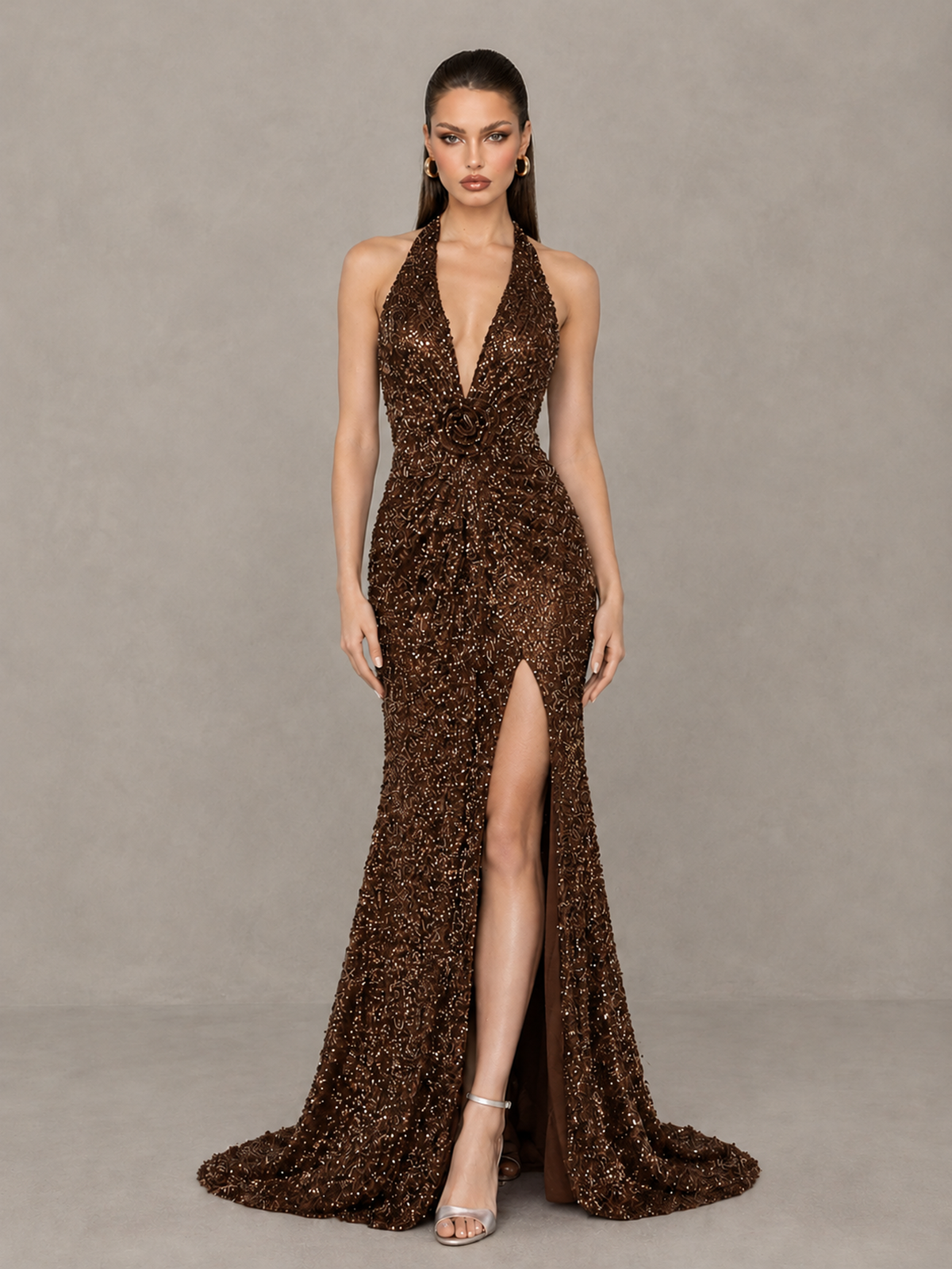 BOLODOO Chocolate Sequin Halter Open Back Evening Gown with High Slit - Chocolate - Chocolate (1)