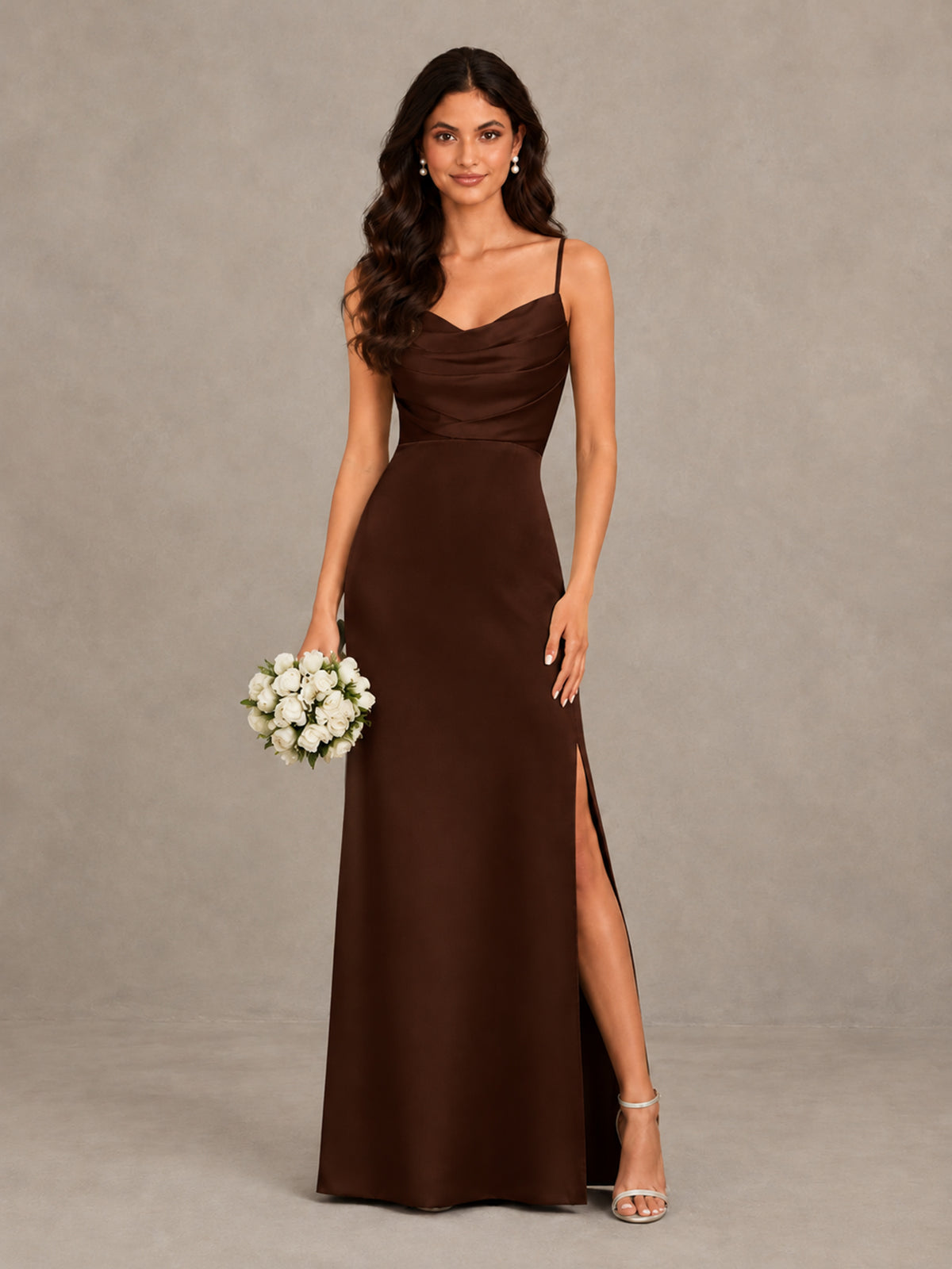 BOLODOO Chocolate Cowl Neck Satin Bridesmaid Dress with Slit - Chocolate - Chocolate (1)