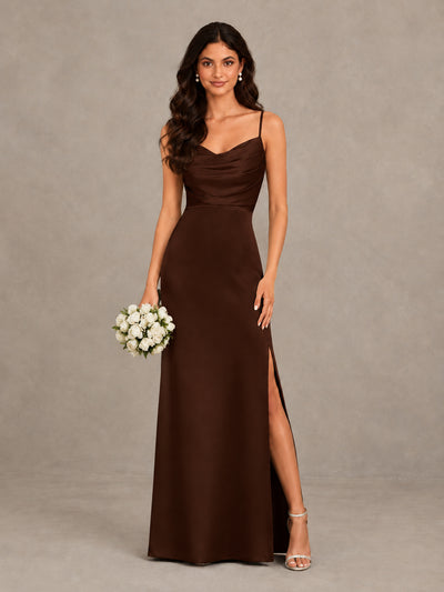 BOLODOO Chocolate Cowl Neck Satin Bridesmaid Dress with Slit - Chocolate - Chocolate (1)