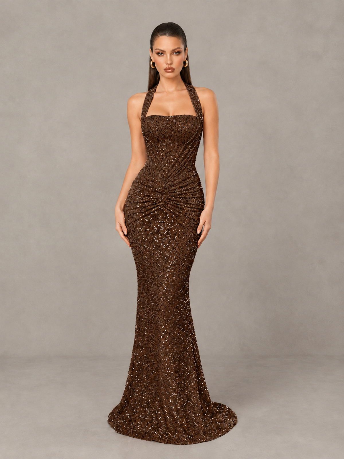 BOLODOO Chocolate Sequin Halter Mermaid Evening Gown - Chocolate - Chocolate (1)