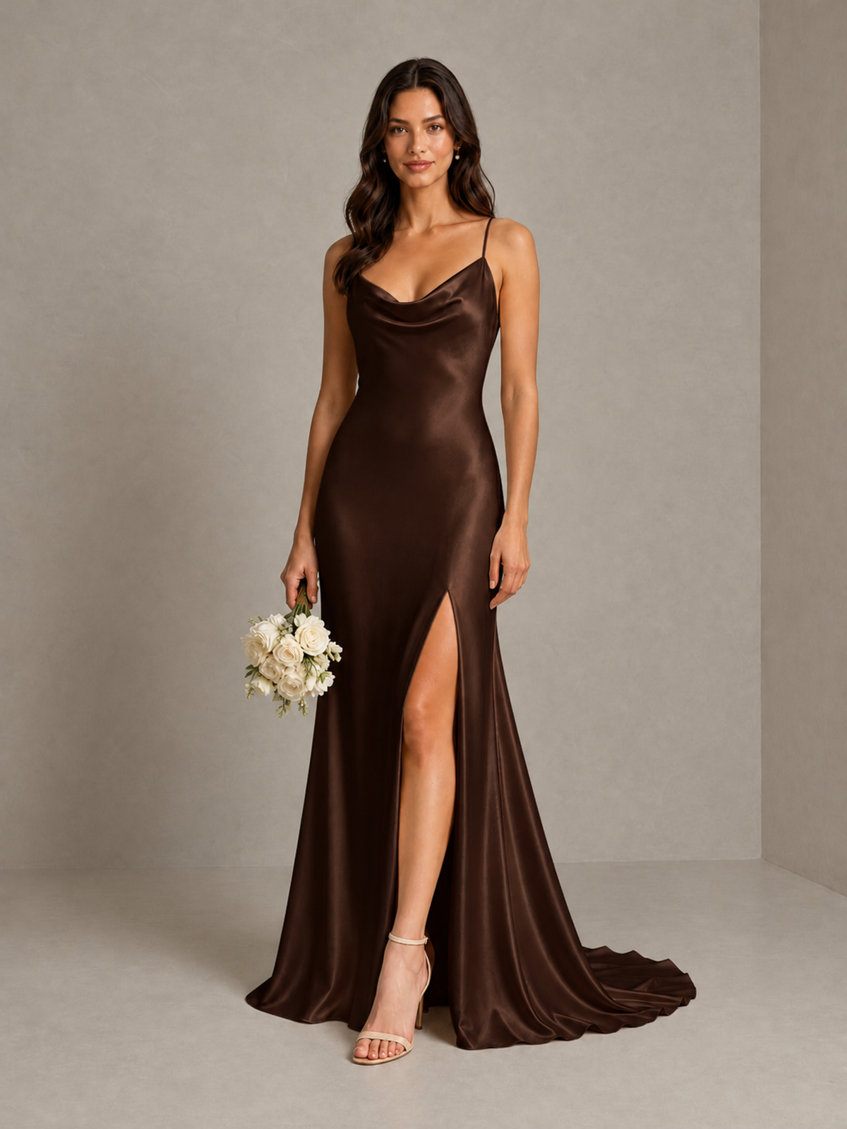 BOLODOO Chocolate Satin Cowl Neck Bridesmaid Dress with Open Back & Side Slit - Chocolate - Chocolate (1)