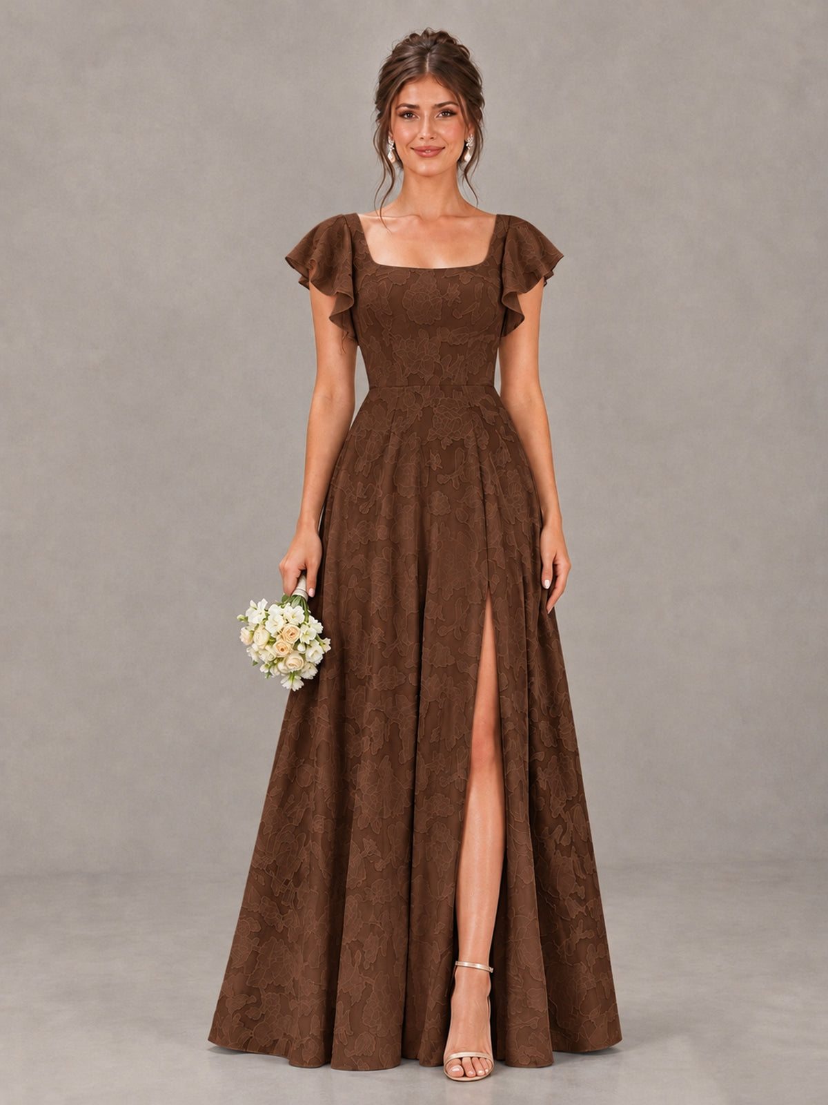 BOLODOO Chocolate Floral Flutter Sleeve Bridesmaid Dress with Slit - Chocolate - Chocolate (1)