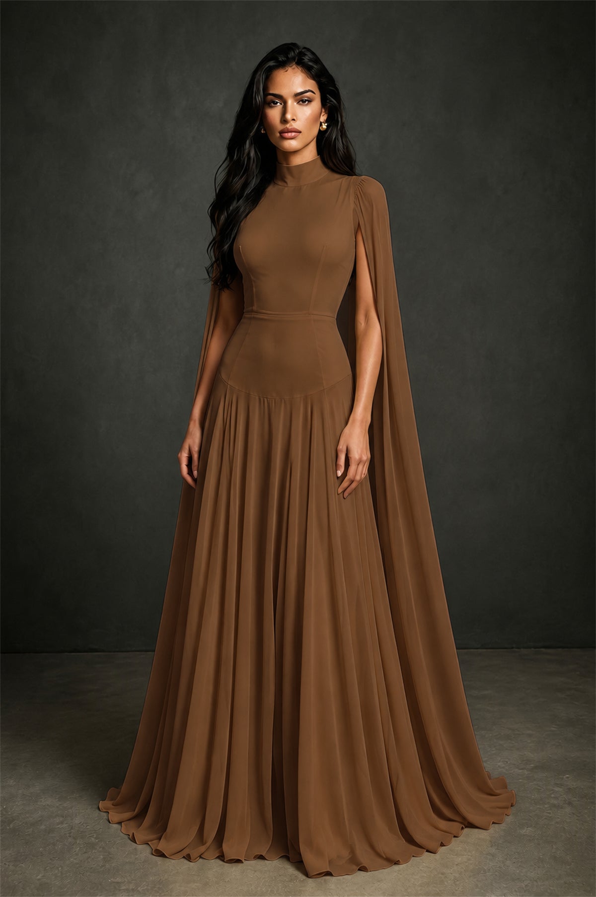 BOLODOO Chocolate Mock Neck Cape Sleeve A-Line Chiffon Maxi Dress - Chocolate - Chocolate (1)