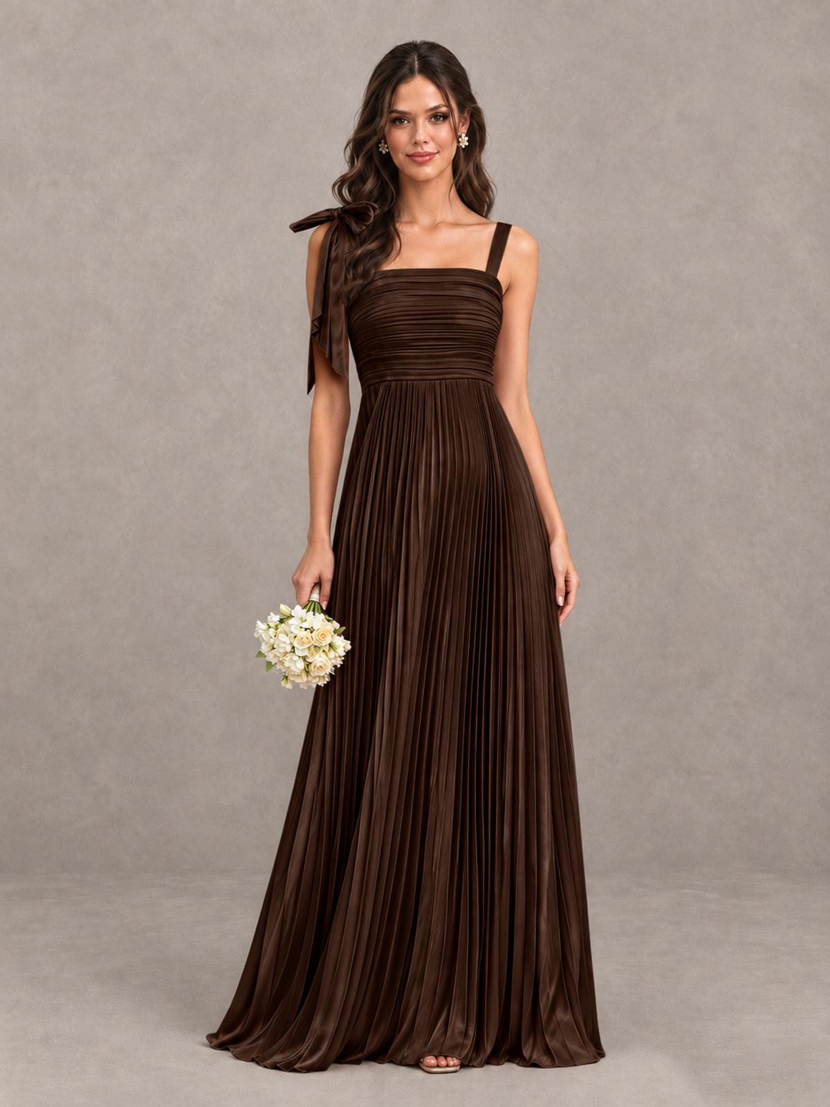 BOLODOO Chocolate Pleated Bow-Strap Bridesmaid Maxi Dress - Chocolate - Chocolate (1)