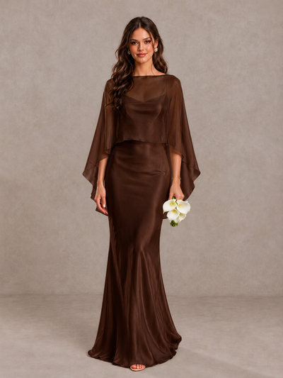 BOLODOO Chocolate Satin Mermaid Bridesmaid Dress with Chiffon Cape - Chocolate - Chocolate (1)