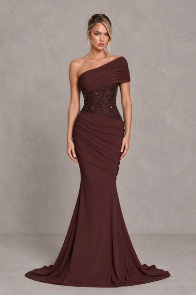 BOLODOO Chocolate One-Shoulder Sequin Embroidered Ruched Mermaid Gown with Train - Chocolate - Chocolate (1)