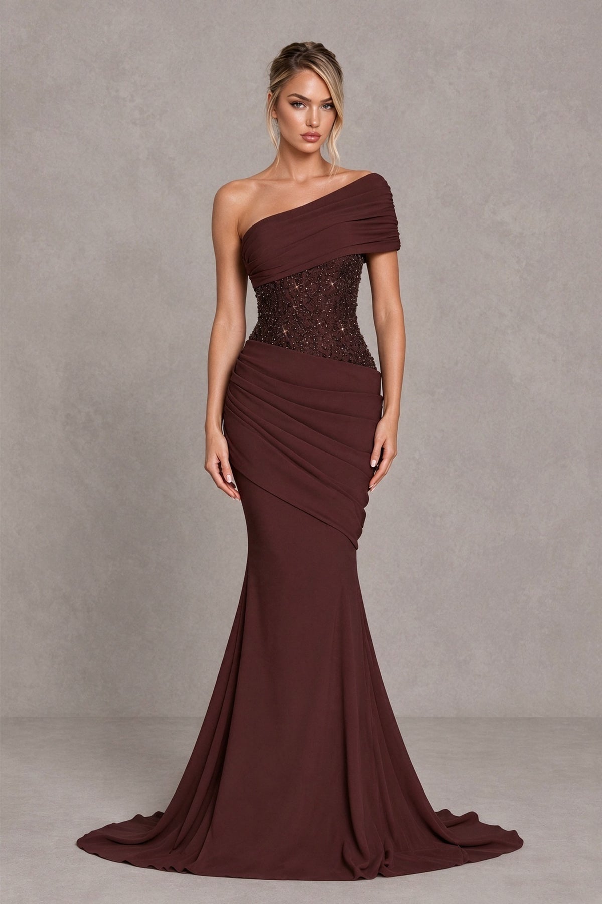 BOLODOO Chocolate One-Shoulder Sequin Embroidered Ruched Mermaid Gown with Train - Chocolate - Chocolate (1)