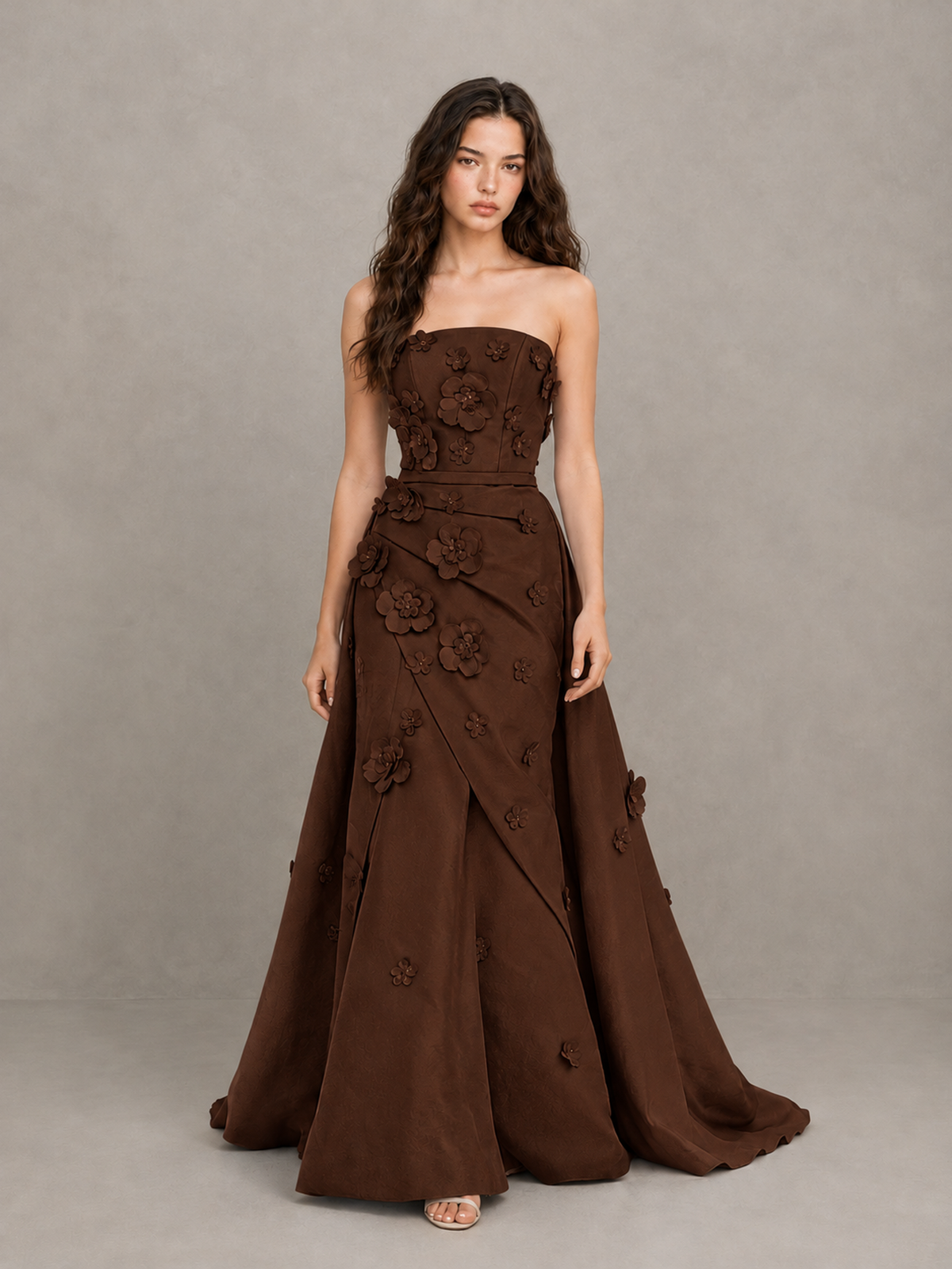 BOLODOO Chocolate Strapless 3D Floral Applique Prom Gown with Draped Skirt - Chocolate - Chocolate (1)
