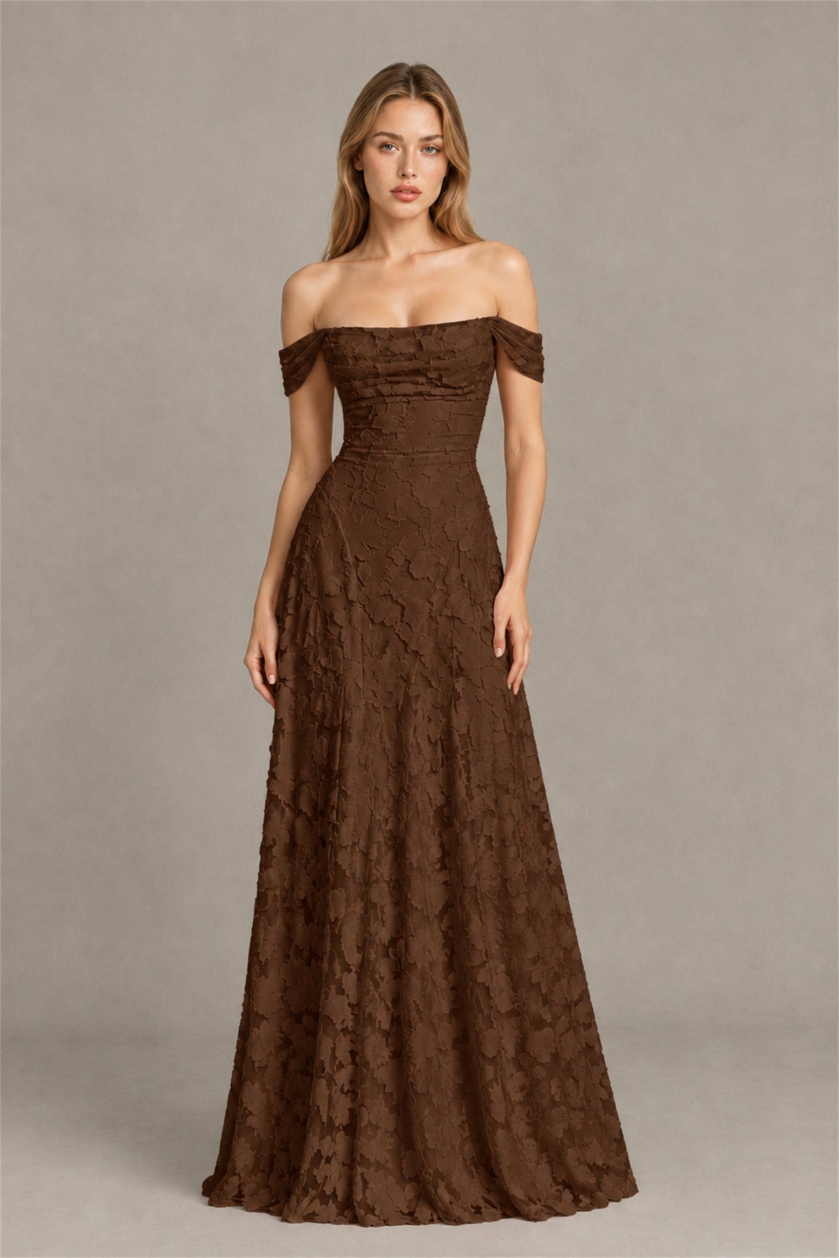 BOLODOO Chocolate Off-Shoulder Pleated A-Line Maxi Dress Floral - Chocolate