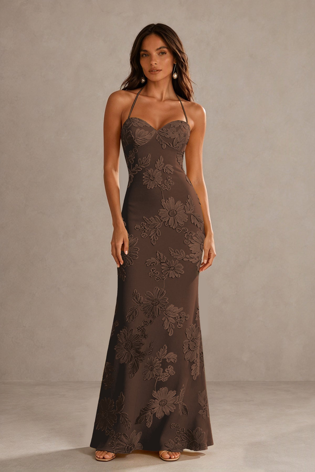 BOLODOO Chocolate Halter Sweetheart Floral Embroidered Lace-Up Open Back Maxi Dress | BD0257 - Chocolate