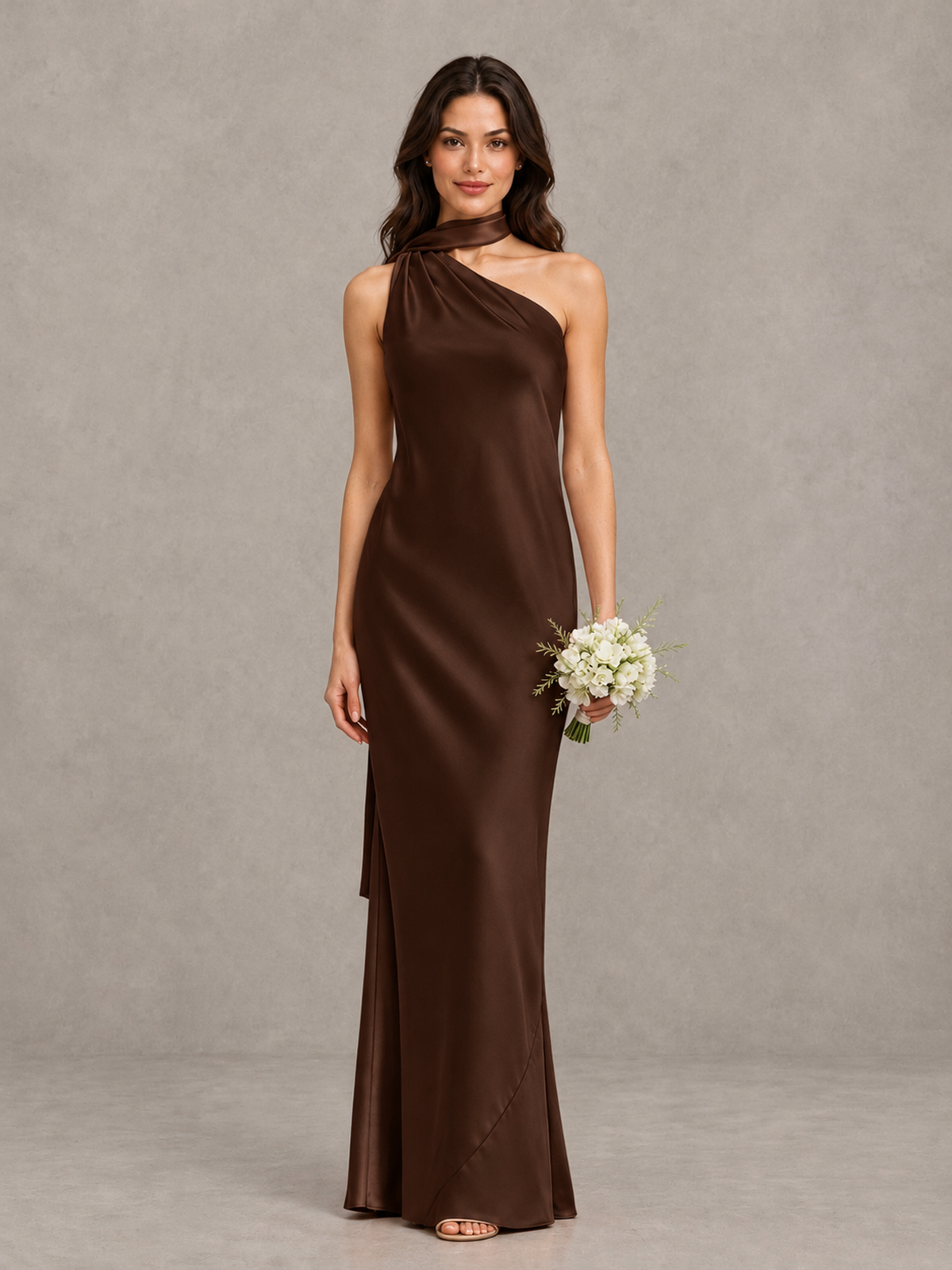 BOLODOO Chocolate Satin One-Shoulder Bridesmaid Dress with Open Back - Chocolate - Chocolate (1)