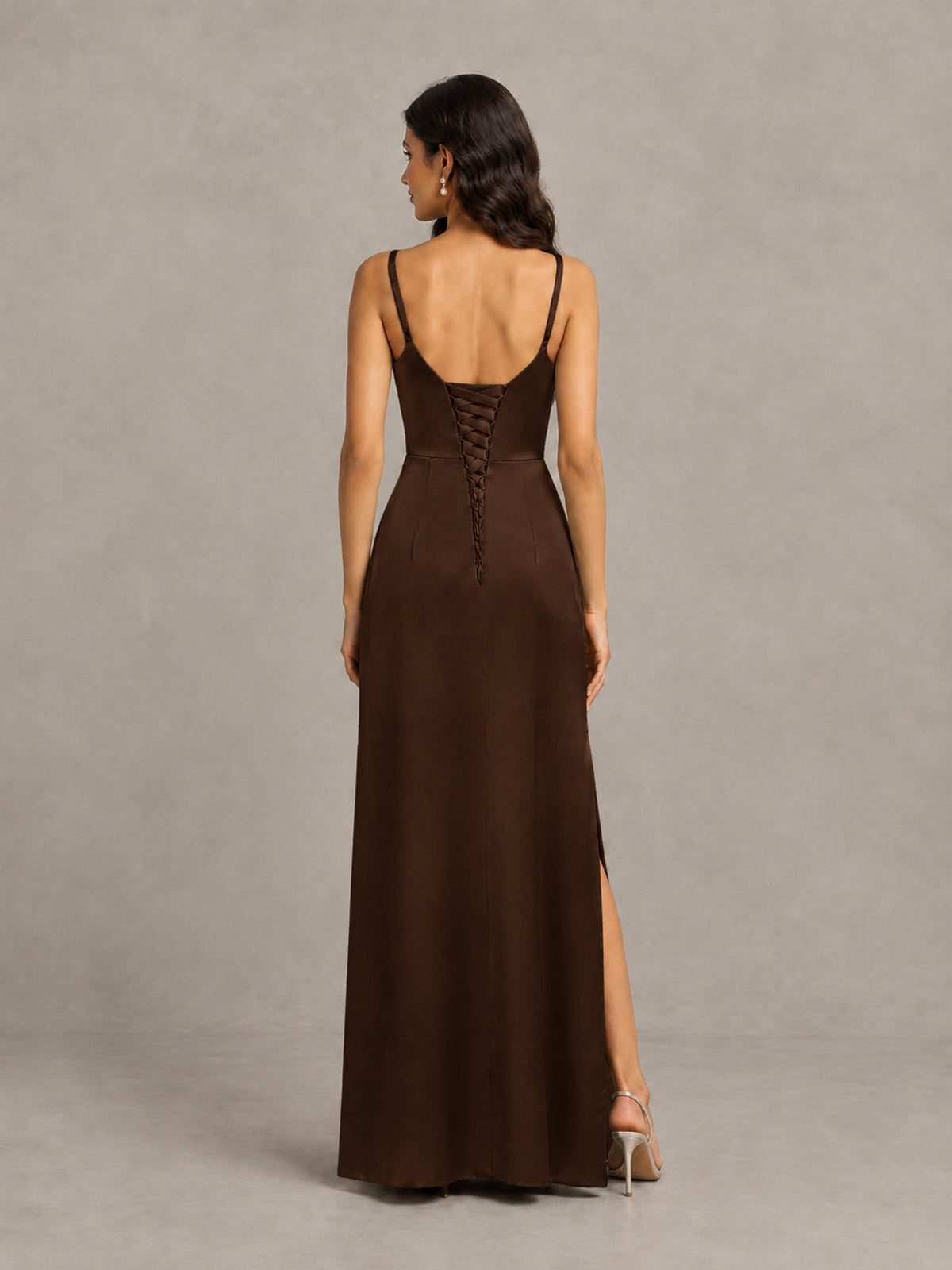 BOLODOO Chocolate Cowl Neck Satin Bridesmaid Dress with Slit - Chocolate - Chocolate (2)