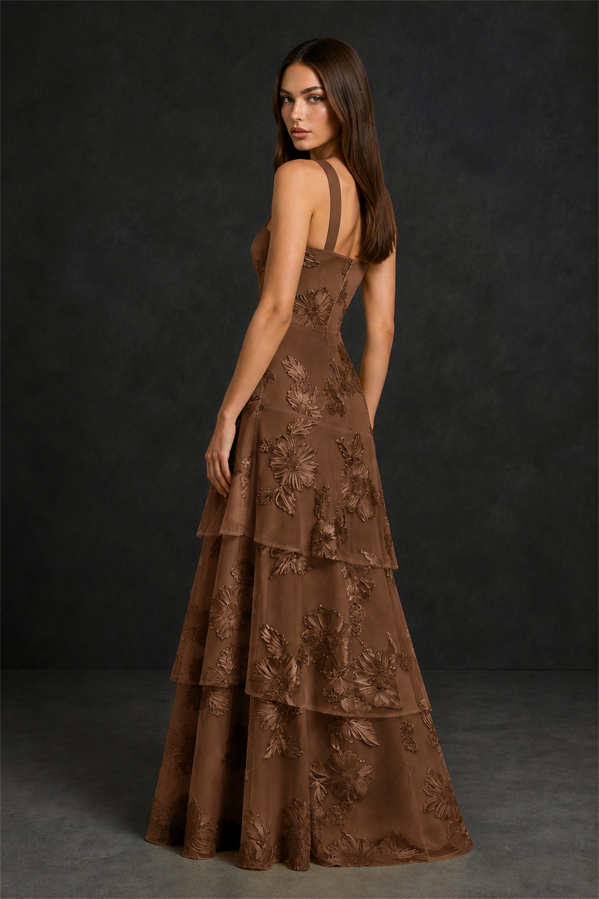 BOLODOO Chocolate Crisscross Halter Neck Chocolate Floral Embroidered Triple Tiered A-Line Tulle Maxi Dress - Chocolate