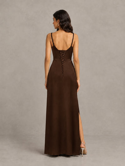 BOLODOO Chocolate Cowl Neck Satin Bridesmaid Dress with Slit - Chocolate - Chocolate (2)