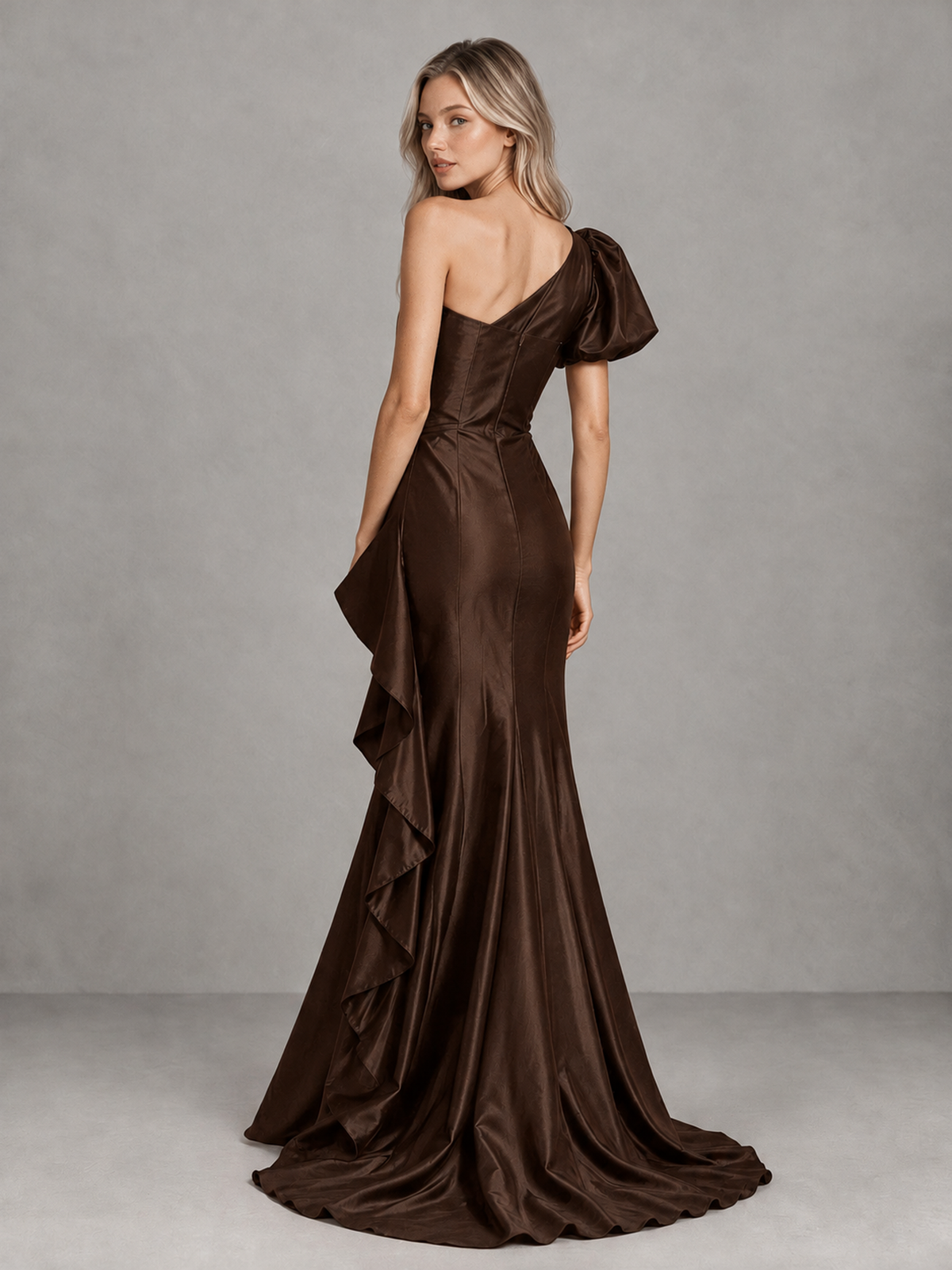 BOLODOO Chocolate One-Shoulder Satin-Look Mermaid Evening Dress with Ruffles - Chocolate - Chocolate (2)