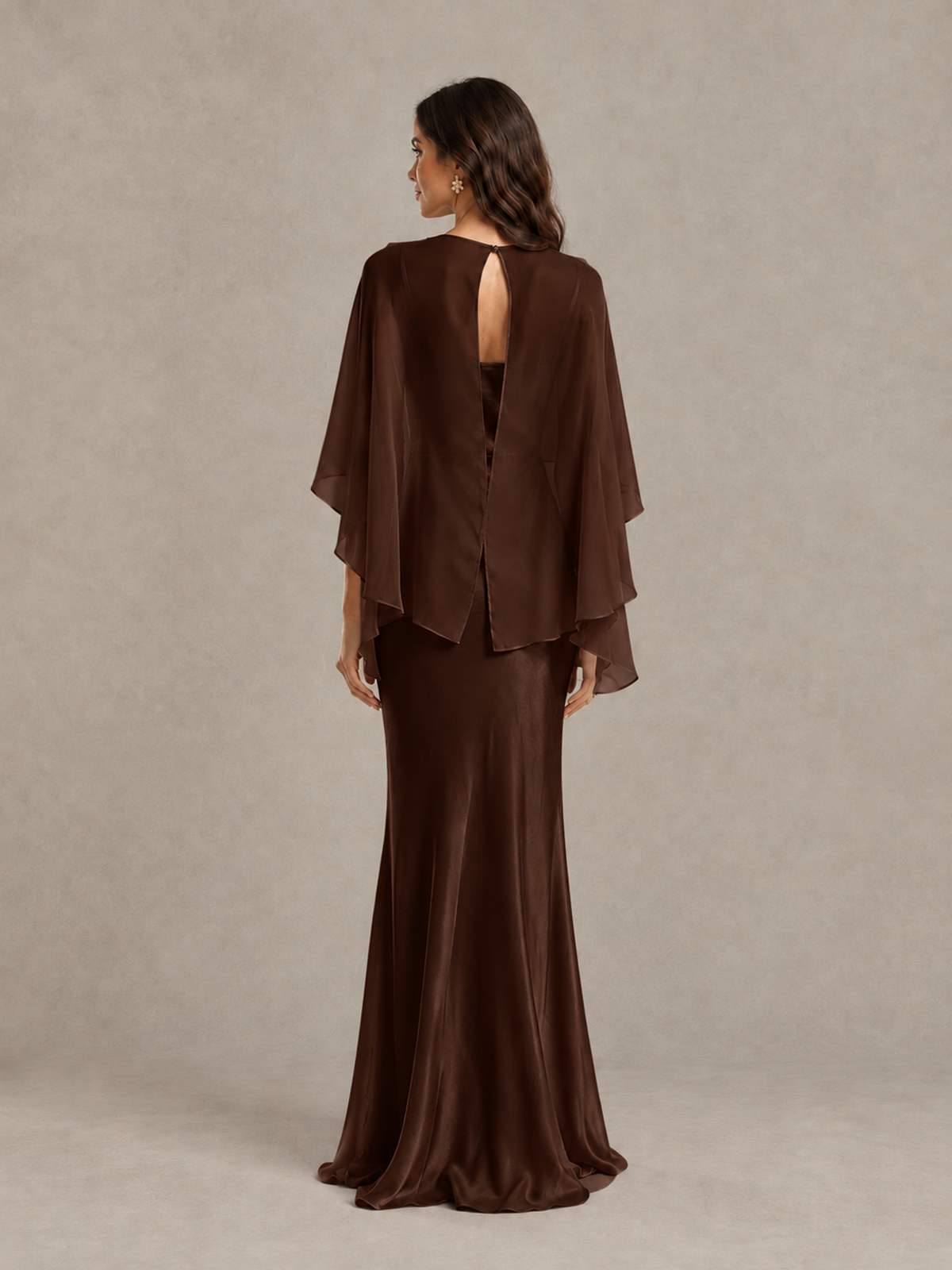 BOLODOO Chocolate Satin Mermaid Bridesmaid Dress with Chiffon Cape - Chocolate - Chocolate (2)